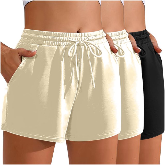 Plebaso Womens Drawstring Sweat Shorts 3 Pack Elastic High Waisted Running Athletic Shorts with Pockets