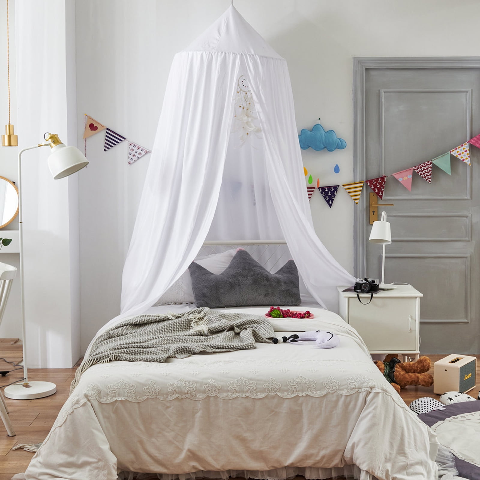 BUTORY Bed Canopy for Kids Soft Breathable Bed Curtain Canopy Round Dome Canopy Bed Cover Decorative Princess Hanging Canopy Oversized Large Curtain Canopy with Hook Adhesive