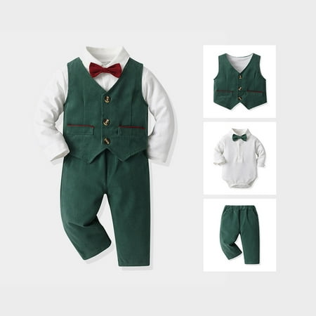 

Toddler Boys Outfit Sets Long Sleeve Shirt Romper Bodysuit Pants Coat With Tie 4pcs Child Gentleman Suit