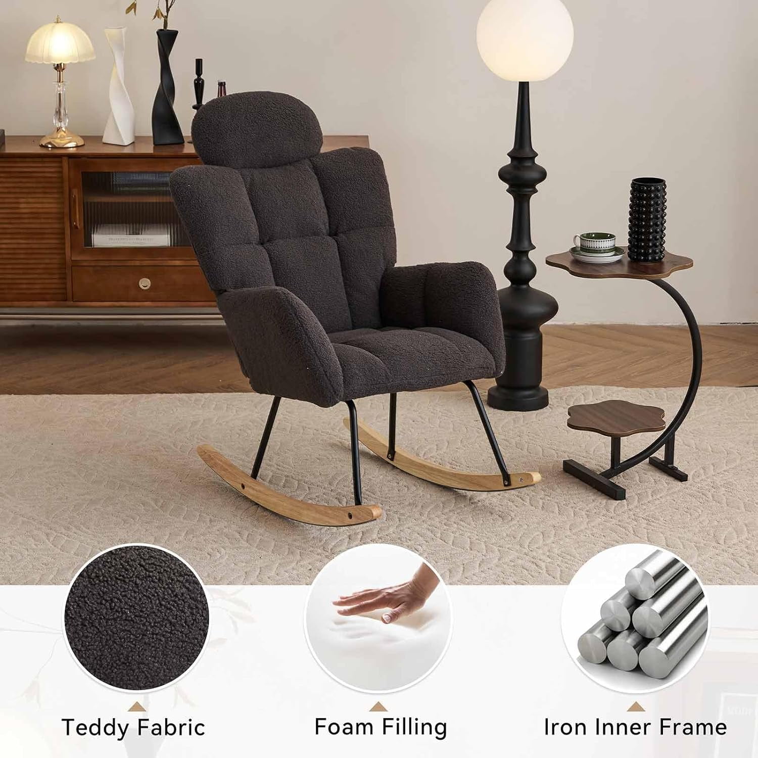 Nursery Rocking Chair - Teddy Fabric Upholstered Glider Rocking Chair with High Backrest & Pillow for Living Room & Bedroom - Easy Assembly Wood/Metal Base (Ivory)