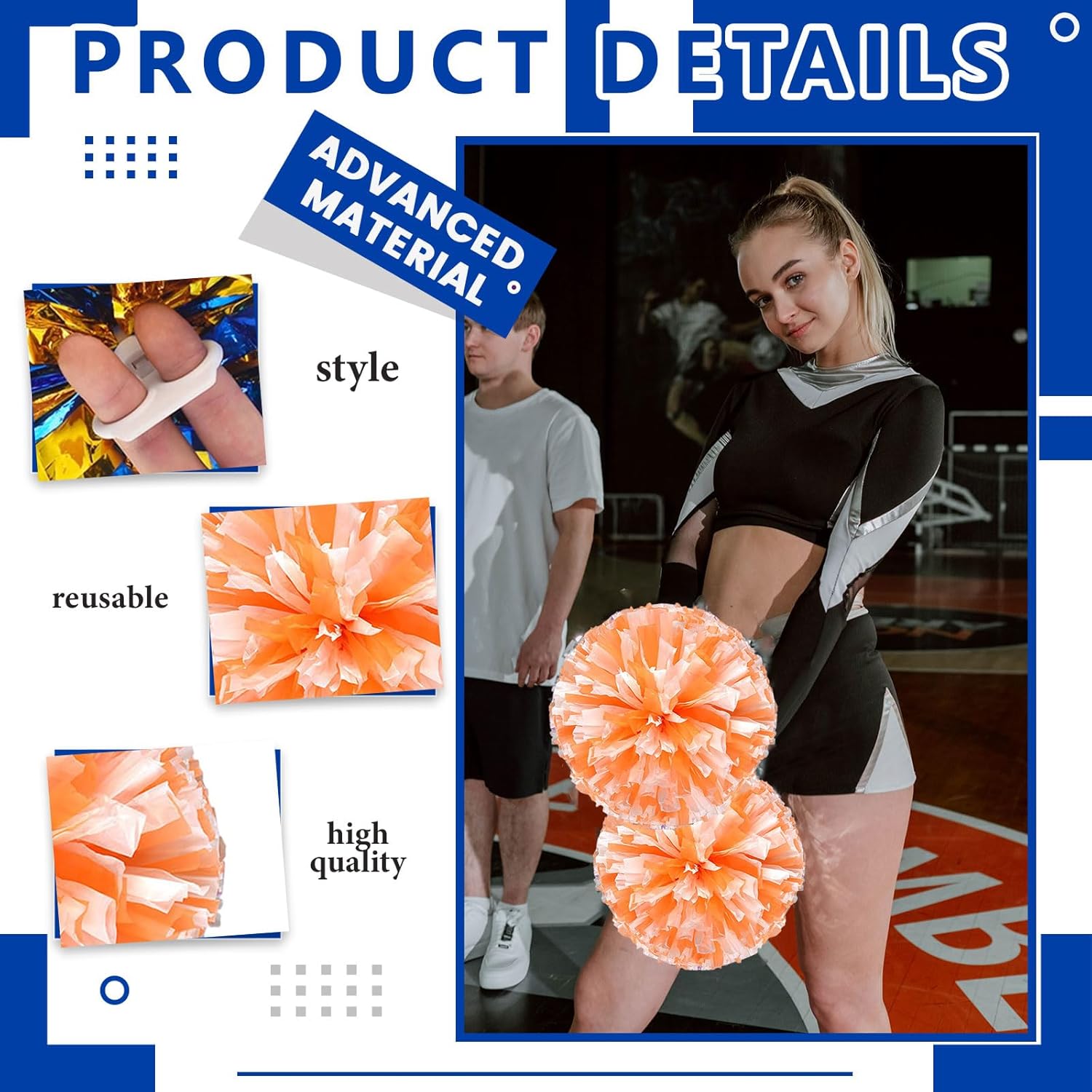 8 PCS Metallic Cheerleading Pom Pom for Team Spirit Sports Dance Cheering Kids Adults-Ring Style