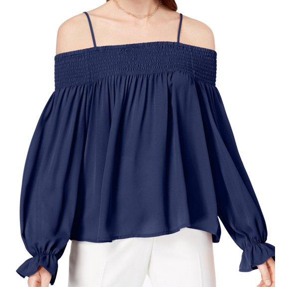 Ultra Flirt Womens Smocked Off the Shoulder Top Size-X-Small Color-Blue Depths