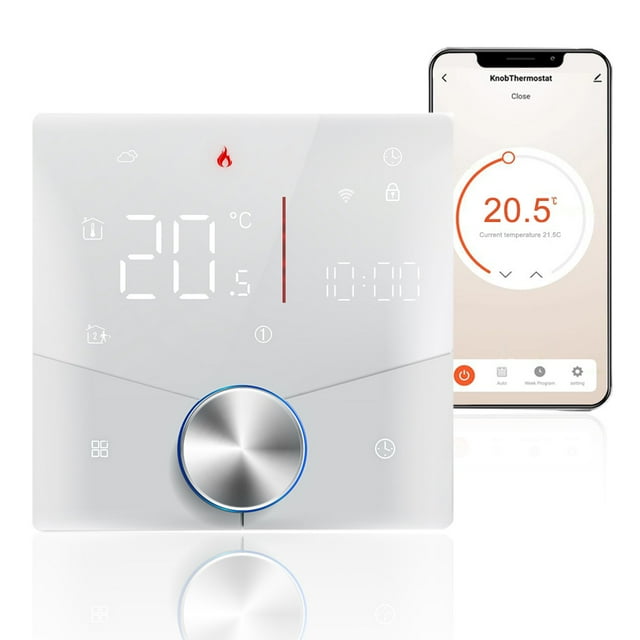 Smart Tuya WiFi Thermostat Voice Control Digital Weekly Programmable Temperature Controller Digital Smart Knob Thermostat, Dimmable Color, Suitable for Electric Heating, Compatible with Tmall Genie