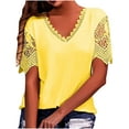 thumbnail image 2 of Brilliant Tunic Tops for Women Women Casual Solid Short Sleeve VRound Neck Lace Stitching Pullover Blouse T-Shirt Tops Yellow S, 2 of 6