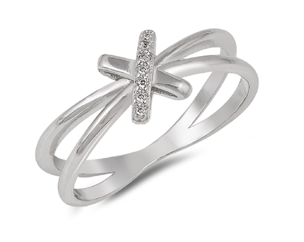 Clear Cubic Zirconia Double X Design Ring Sterling Silver
