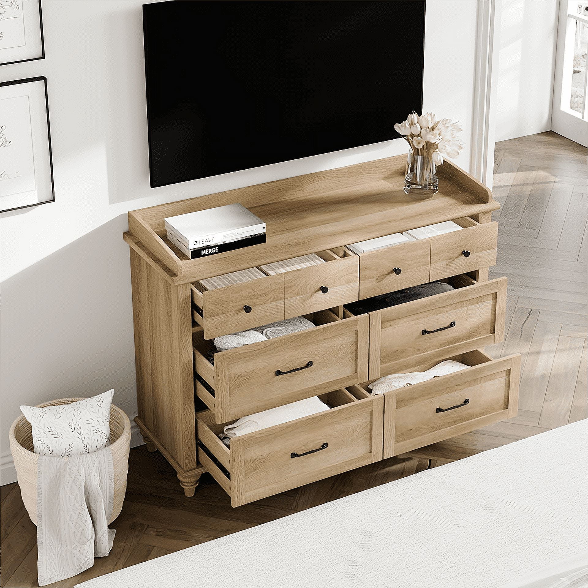 Wood Kids Dresser with 6 Drawers, Nursery Dresser Chest of Drawers, Mid-Century Dresser for Bedroom, Oak