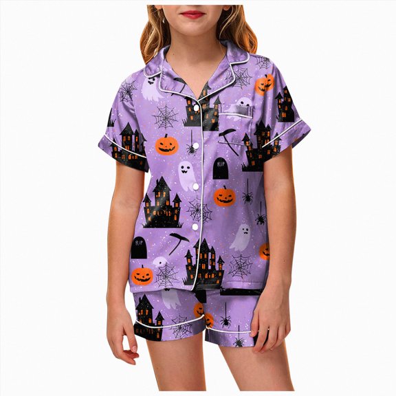 NIEWTR Girls Pajamas Halloween Cartoon Print Short Sleeve Lapel Cute Top and Shorts Pjs for Kids Breathable Soft Fashion Nightwear Casual Daily Wear