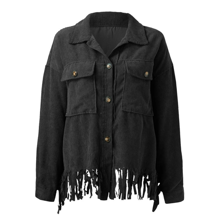 JDEFEG Western Clothes Women Fashion Tops Clothes Casual Turn Collar  Corduroy Jacket Elegant Long Sleeves Tassels Single Short Coat with Sleeves  Polyester Black M 