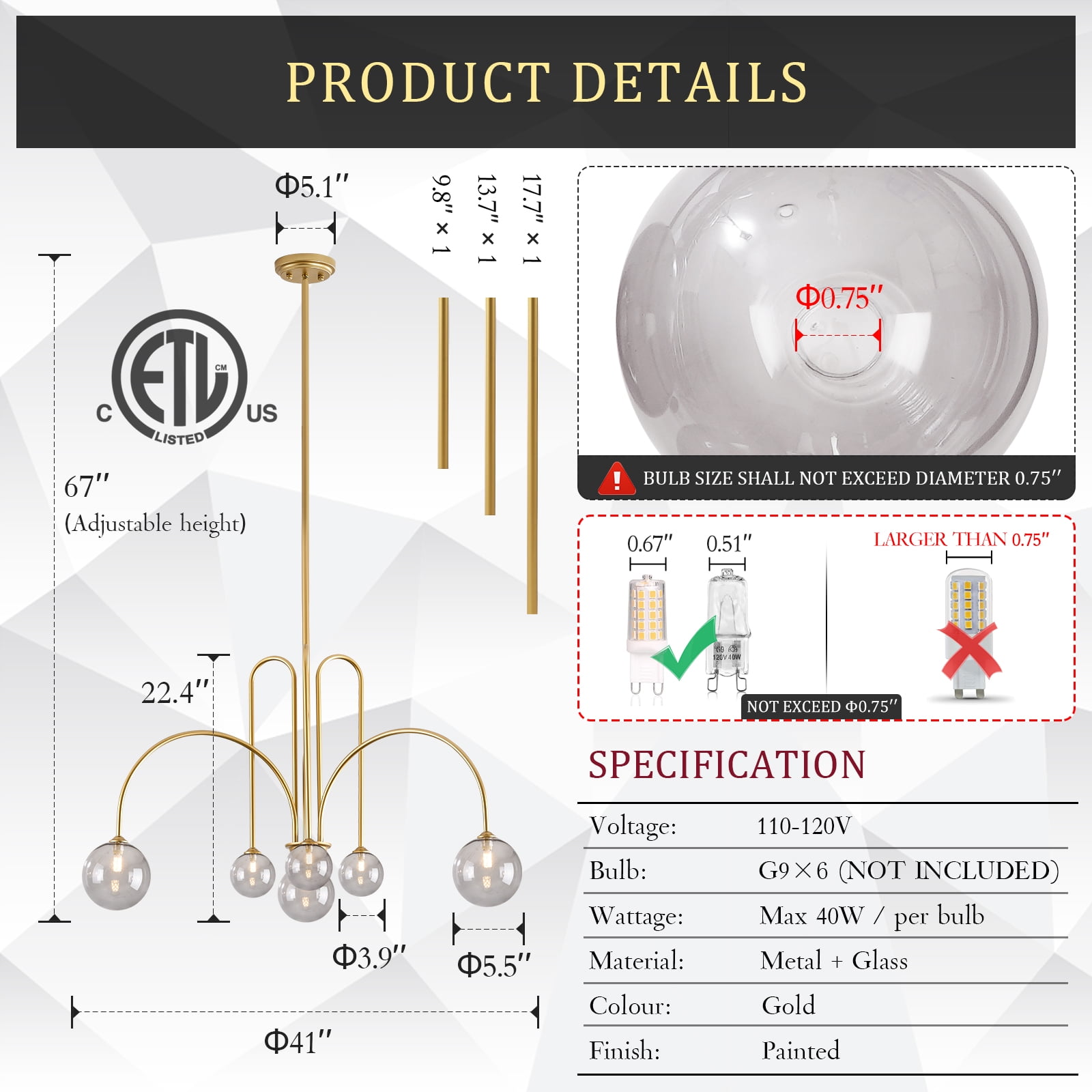 Modern Gold Chandelier, 6 Lights Sputnik Chandeliers Large L40”Mid Century Ceiling Pendant Light Fixtures with Smoke Glass Globe Shades for Living Dining Room Foyer Bedroom