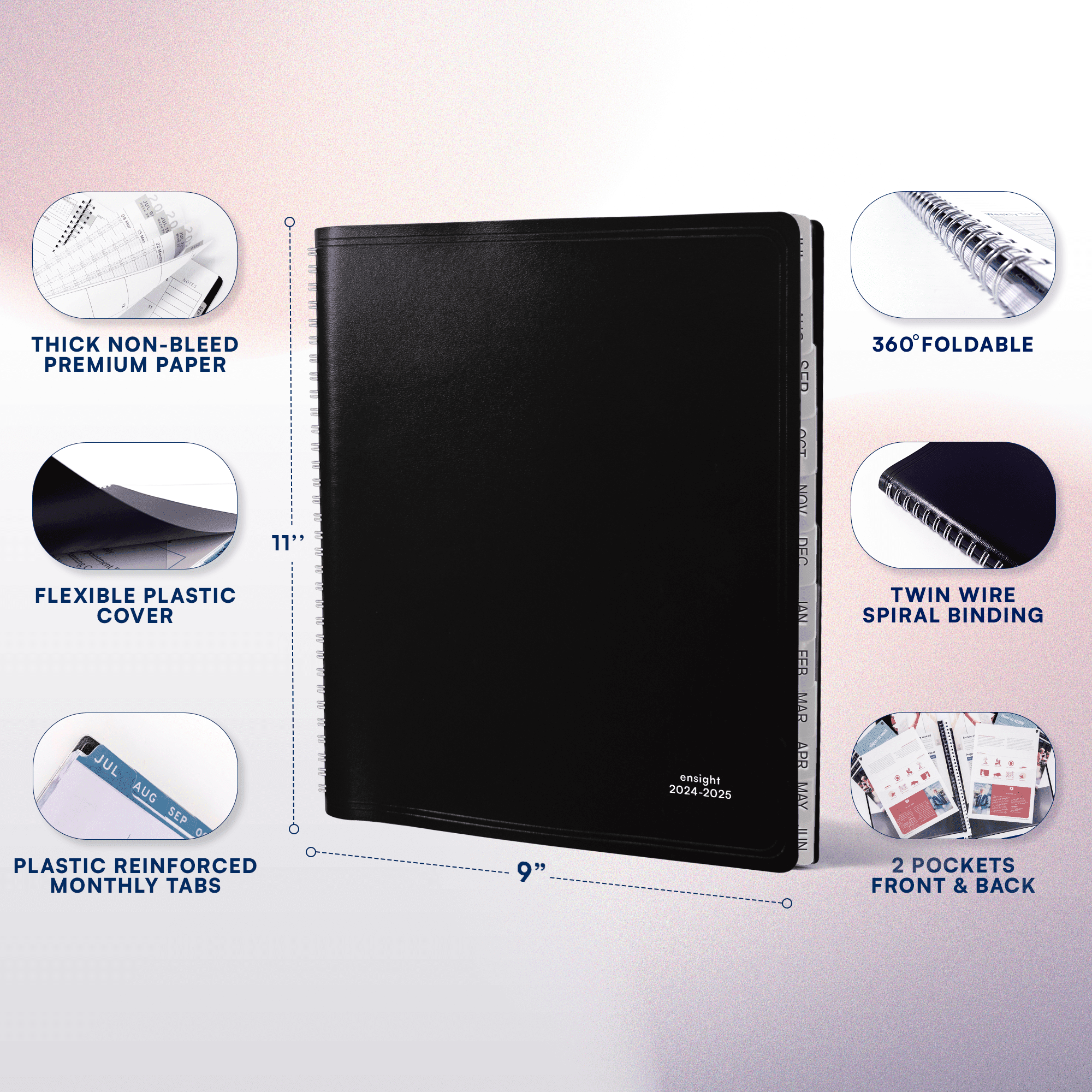 Ensight Appointment Books & Planner - July 2024 to June 2025 - Tabs, Hourly, Daily, Weekly & Monthly - Business & Personal-Black