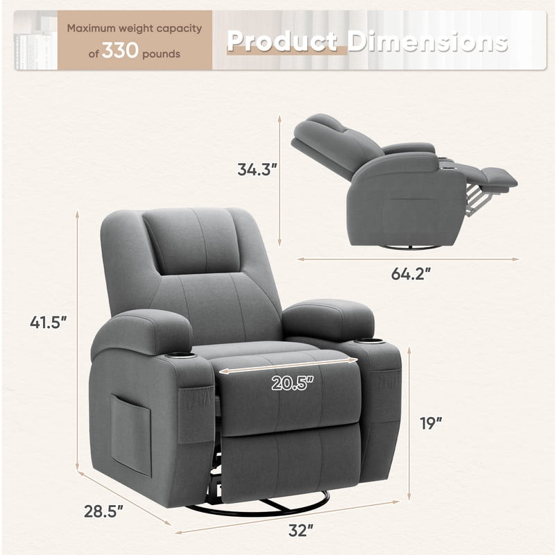 Vineego 360° Swivel Recliner Oversized Massage Rocking Chair Nursery Chair Power Living Room Furniture With Two Cup Holder,Gray