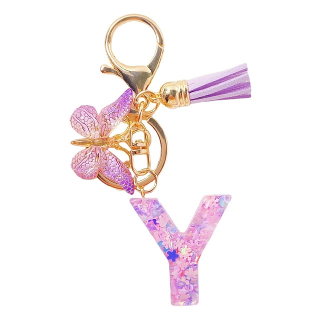 Initial Letter Keychains For Women Tassel Purple Cute Car Keychain For Wallet Backpack Bag