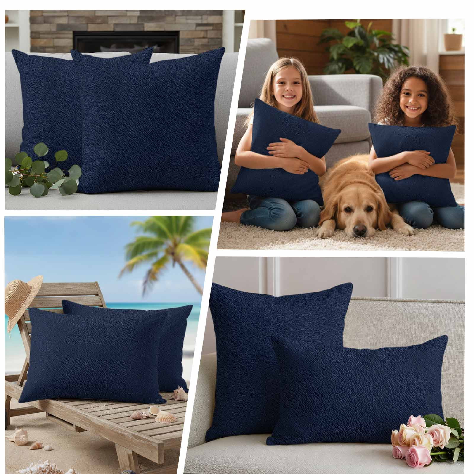 Solid Dark Blue Outdoor Waterproof Pillow Covers, Minimalism Abstract Denim Texture Decorative Square Throw Pillowcase Sofa Cushion Sham for Patio/Couch/Chair, 26"x26" 2 Pack