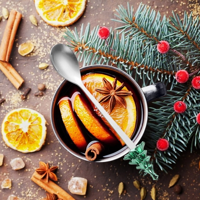 Cuchara de Café con Diseño de Árbol de Navidad | Tenedor de Fruta y Cuchara de Postre de Acero Inoxidable | Verde | 1 Unidad | 14 X 2,5 X 0,5 Cm | Juego de Cubiertos Reutilizables de Viaje con Estuch