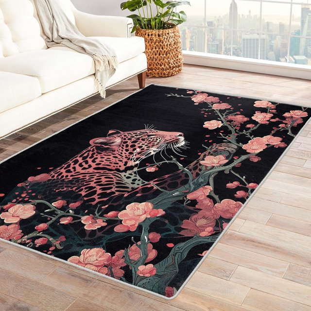 Leopard Rugs for Bedroom - Washable Rugs Leopard Rug & Home Decor, 3x4 Area Rug, Cheetah Floral Rugs for Entryway, Non Slip Low Pile Small Indoor Door Mat, Wild Animal Carpet & Room Decorations