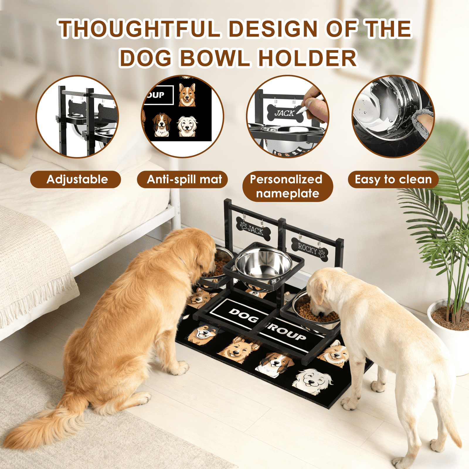 Adjustable Height 3-Bowl Raised Dog Feeder Stand, Ergonomic Anti-Slip Pet Dining Station