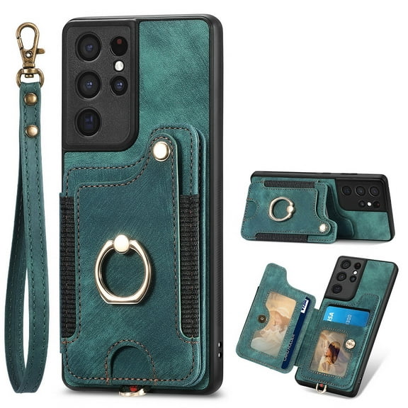 Allytech Galaxy S21 Ultra Case Wallet, RFID Blocking Multiple Cards Slots Ring Holder Stand Shockproof Protective Hand Wrist Wallet Case Cover for Samsung Galaxy S21 Ultra - Green