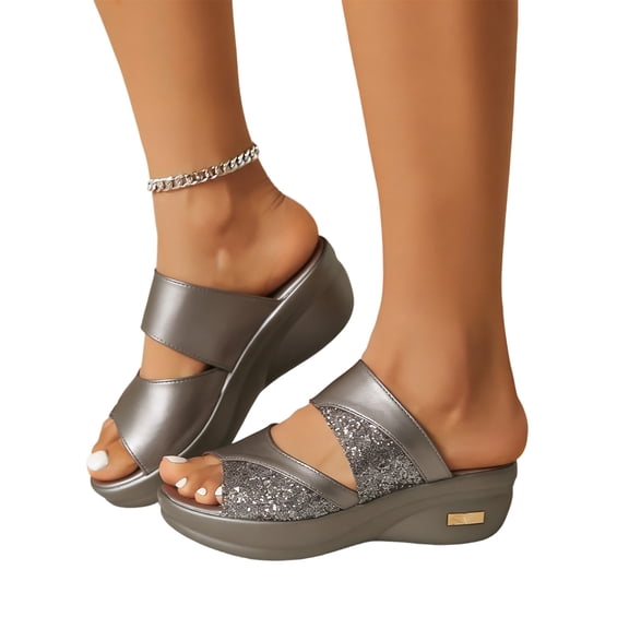 IEMIEMIEM Womens Wedge Sandals Dressy Platform Slippers Comfortable Glitter Sparkly Open Toe Soft Thick Sole Slip On Mules Casual 2026 Summer Slides Gray 5 Wide
