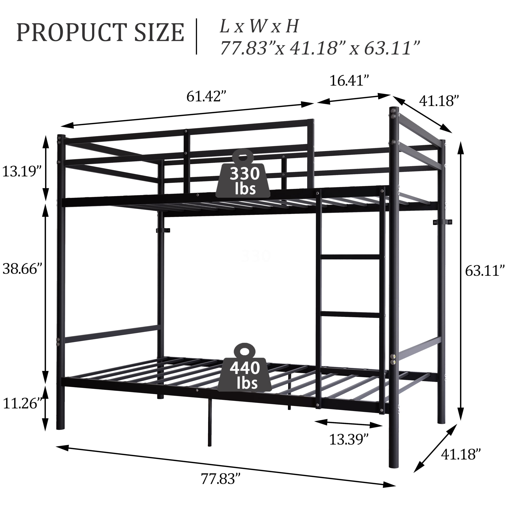 Leumius Metal Bunk Bed Twin Over Twin,Heavy Duty Black Bunk Bed with Full-Length Guardrail & Side Ladder, Space-Saving Bunk Beds,Black