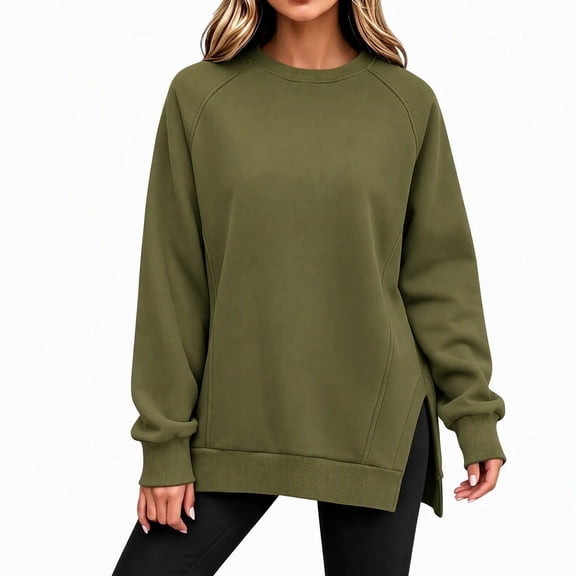 Binmer Women’s Solid Color Crew Neck Raglan Long Sleeve Sweatshirt, Casual Pullover Top With Side Slit Hem,Sizes S-3XL