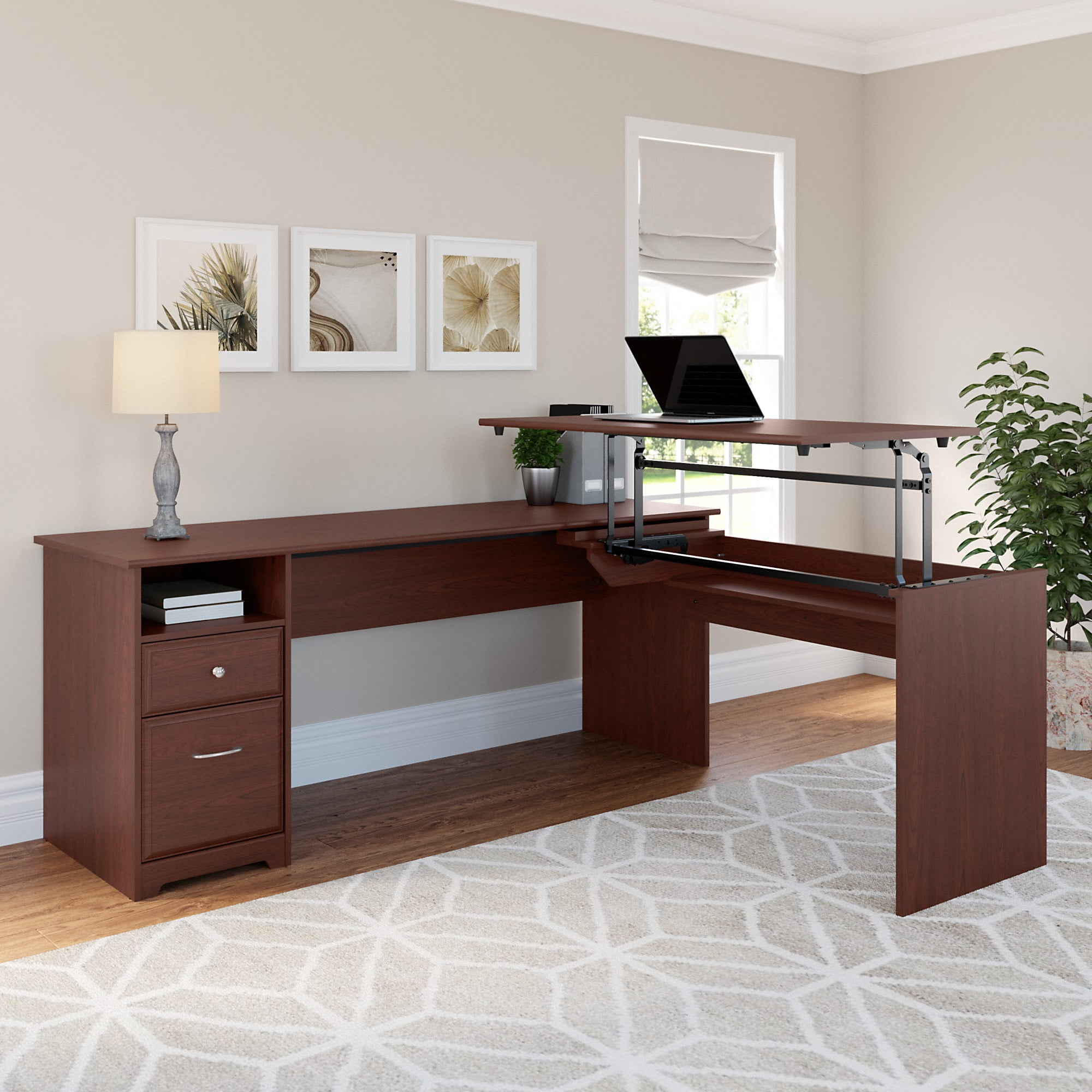 Cabot 72W L Shaped 3 Position Sit to Stand Desk in Harvest Cherry