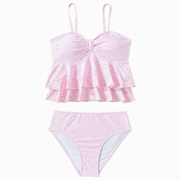 WUANDIXFA Girls Tankini Set Summer Holiday Cute Solid Color 2 Piece Swimsuit Tankini Bathing Suit Vacation Swimwear,Pink,10-11 Years