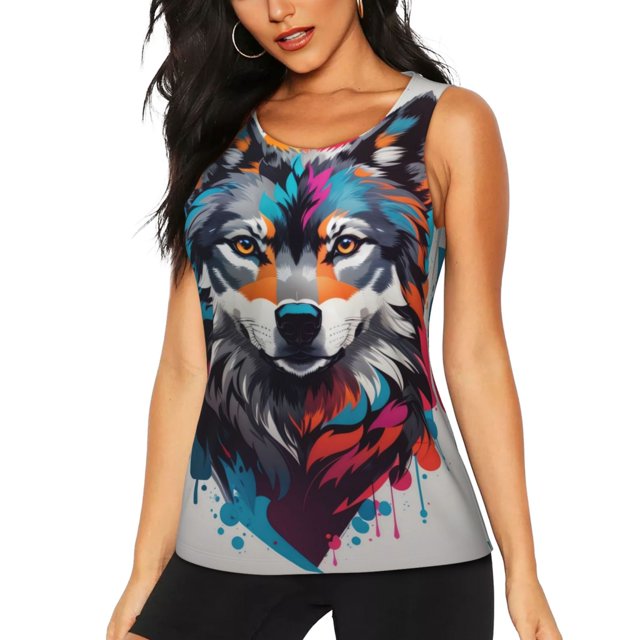 Fotbe Tie-Dye Wolf Head Blusas Sin Mangas para Mujer – Estilo Casual, Corte Suelto, Slim-Fit, Cuello Redondo Deportivo, Tops de Verano para Gimnasio y Yoga-Large