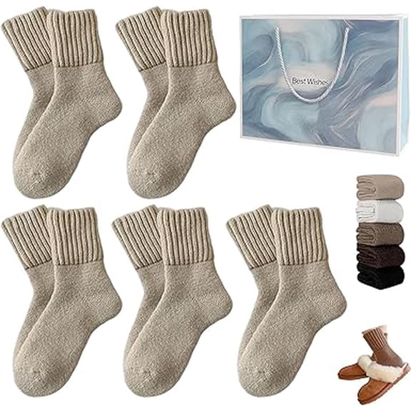 5 Pairs Women's Solid Mid-calf Socks, 2026 New cozy fall Ankle socks for women, Winter Thermal Knitted Socks(Beige)