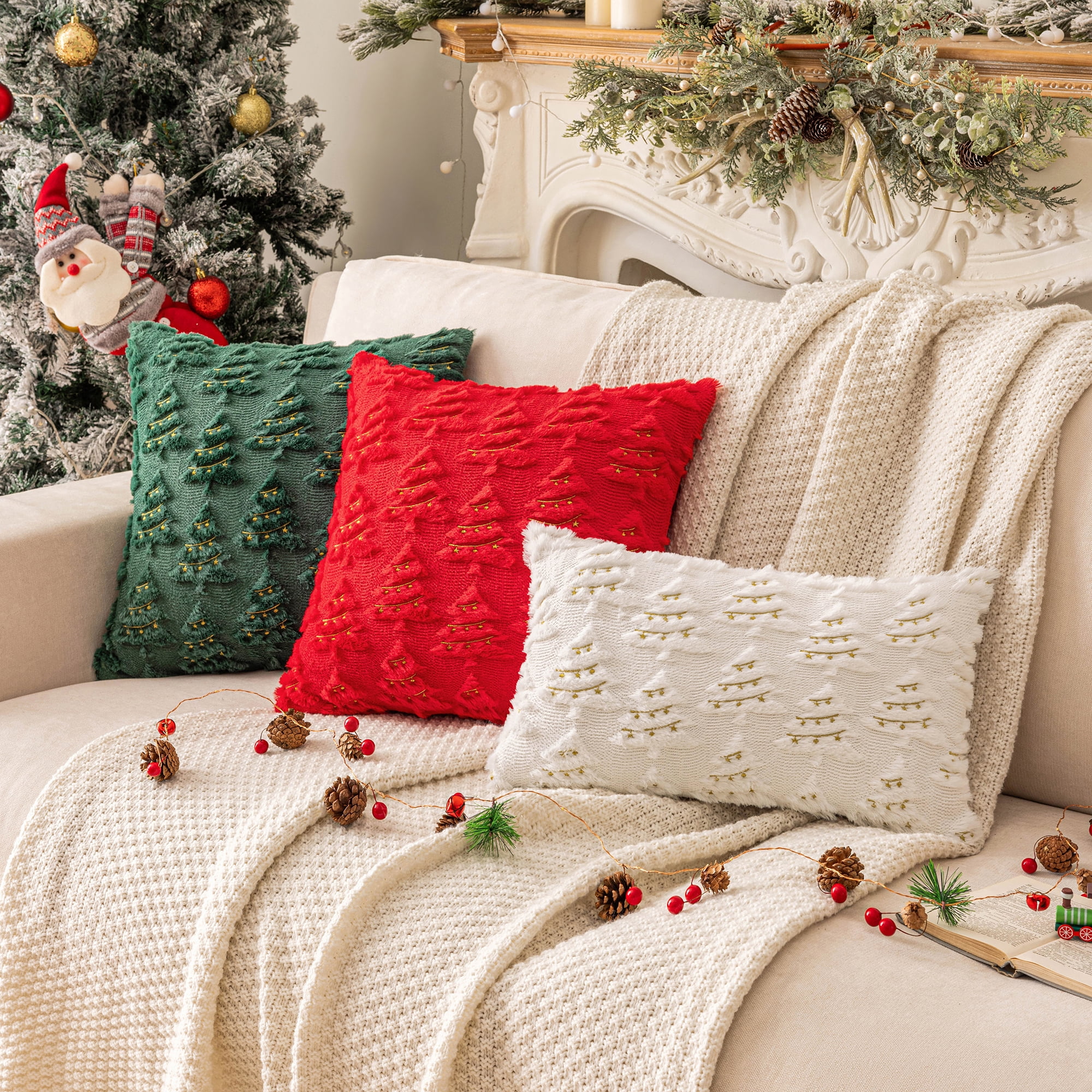 Christmas Tree Decorative Throw Pillow Covers Set of 2, Faux Fur Farmhouse Throw Pillows Cushion Cases for Xmas Winter Holiday Home Decorations