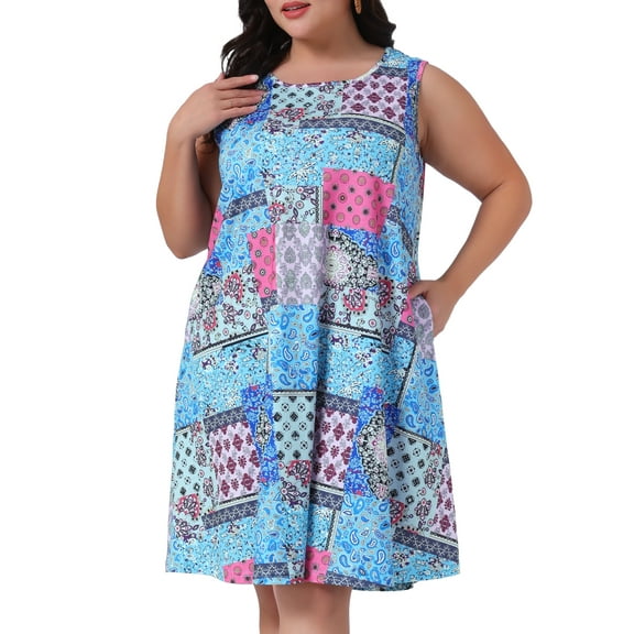 DARING DIVA Plus Size Floral Tank Sleeveless Boho Dress 1X Pink Blue