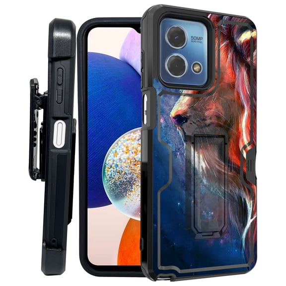 ANJ  Rugged Shockproof Kickstand Hybrid Case with Card Slot and Holster   Tempered Glass Cover for Motorola Moto G Stylus 5G (2023) - Mystic Lion