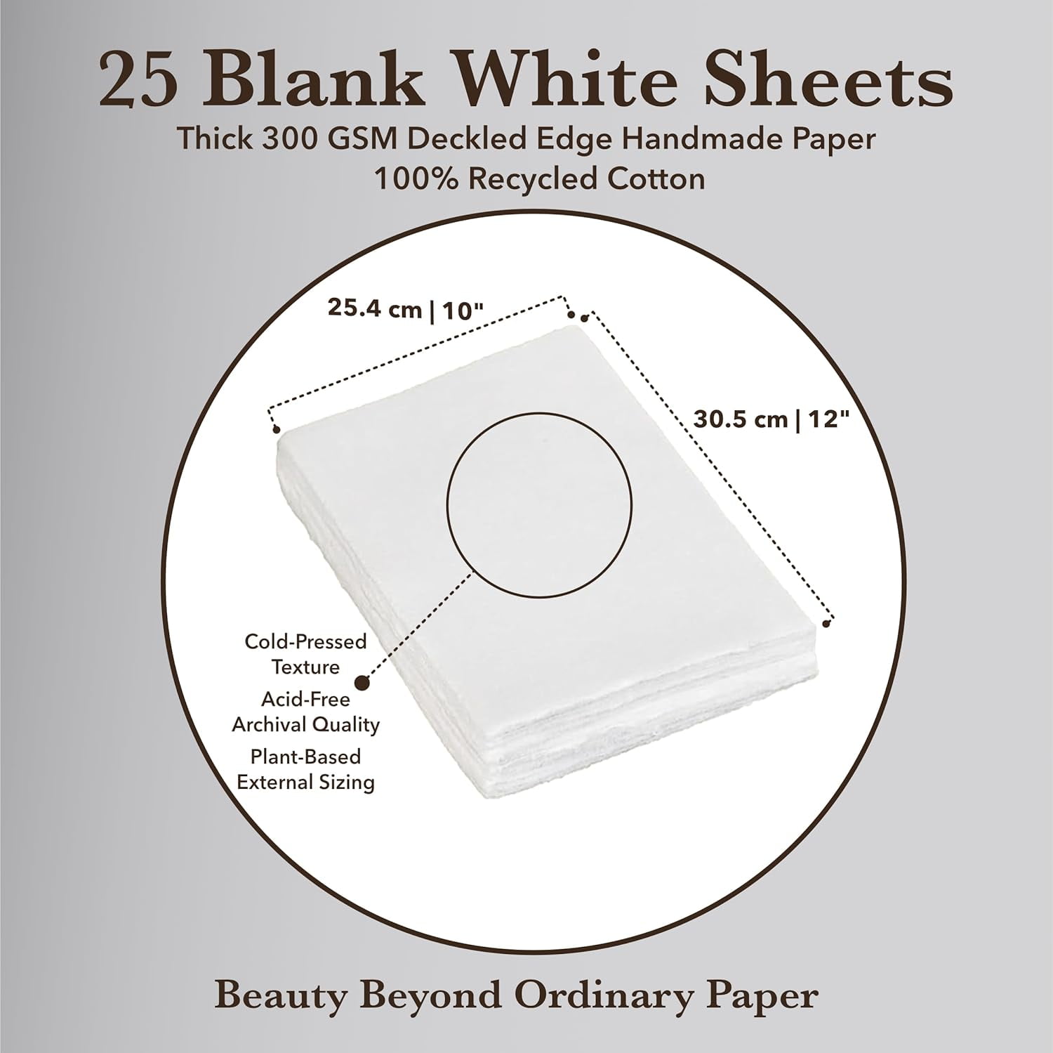 Handmade White Deckle Edge Blank Paper - 10x12” - Recycled - Pack of 25 - Watercolour/Mixed Media Paper - Artwork Posters Signs Menus Invitations - Extra Thick 300 GSM - Large