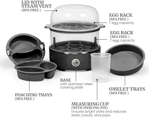 EGC1215B Easy Egg Cooker, Stainless-steel Heating Plate, Two-Tiered, 14-Egg Capacity, Soft, Medium, Hard-Boiled, Auto Shut-Off, Omelets, Poached Eggs, Measuring Cup, Piercing Pin, Black