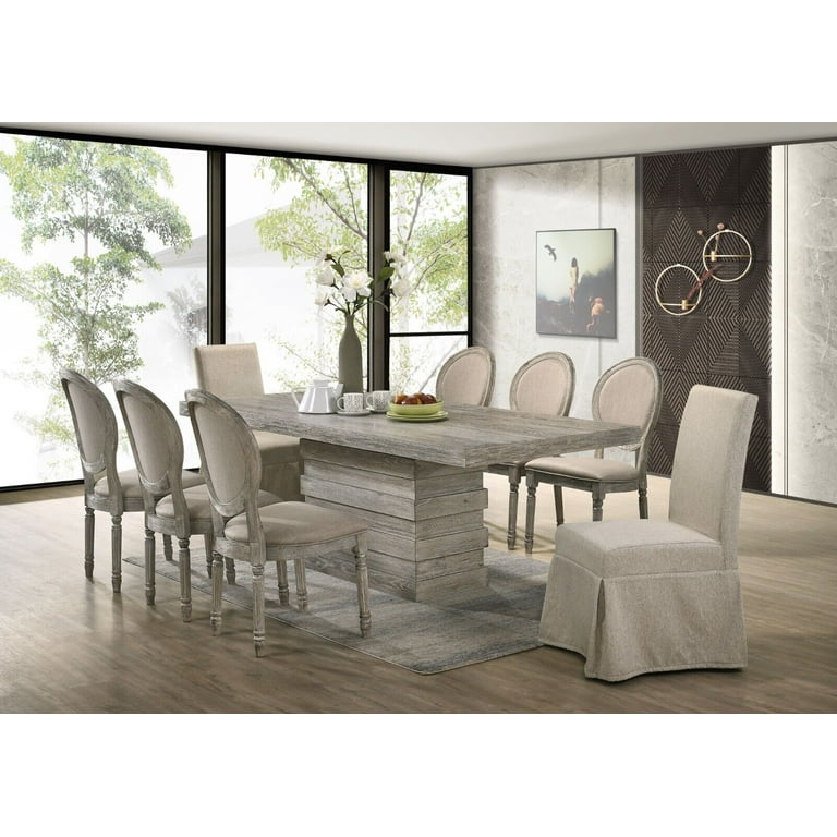Contemporary Style 9pc Dining Set Table 8 Side Chairs Light Oak Finish Wooden Furniture Oval Back Skirted Chairs