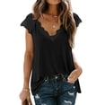thumbnail image 4 of Camiseta de mujer Encaje Cuello en V Sin mangas Casual Loose Girl Summer Top, Negro, M sidaley AP001333-02, 4 of 7