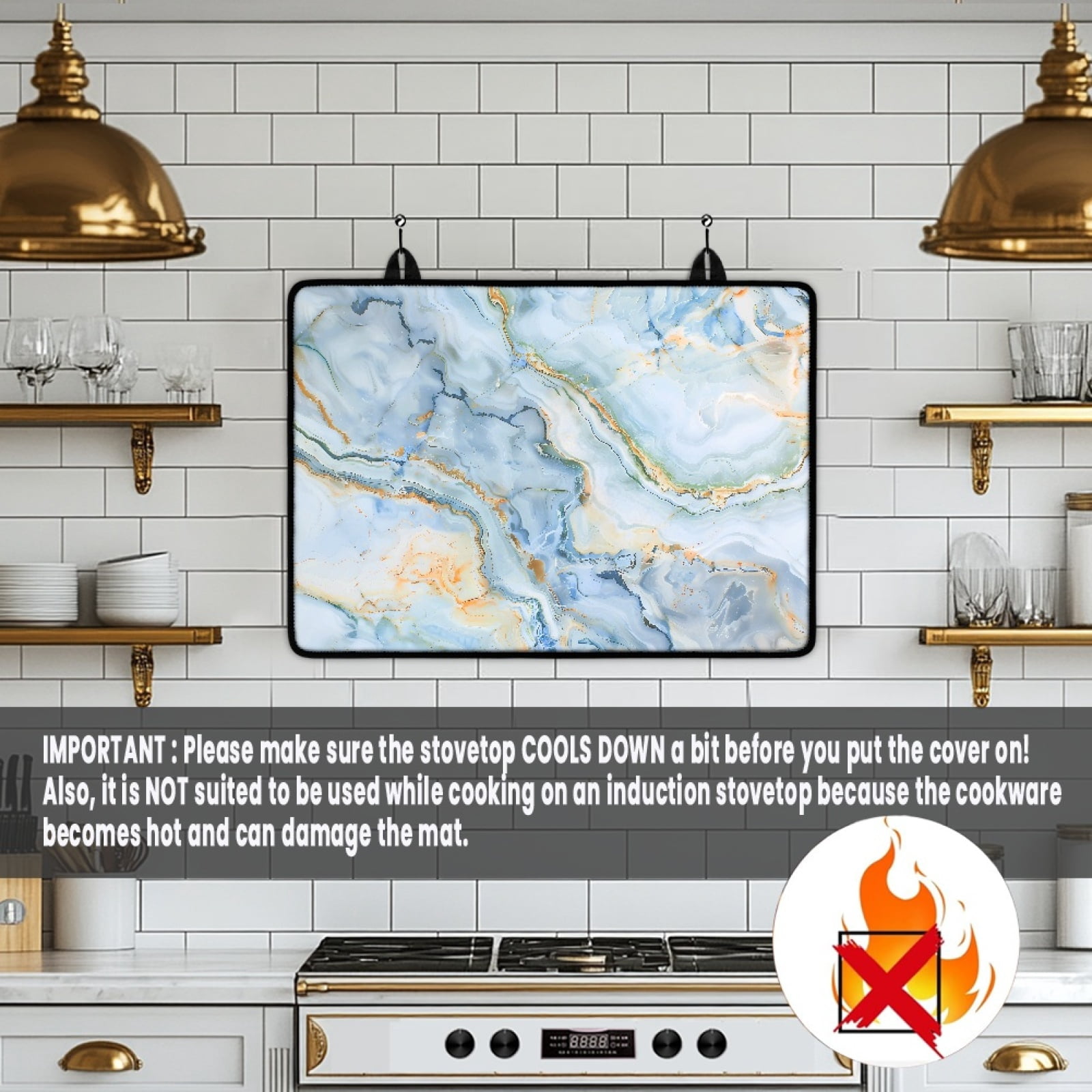 Renewold Stove Top Cover Protector Glass Stove Guard Anti-slip Scratch Resistant Cooktop Protector Range Cover Extra Counter Space, 29'' x 21'', Baby Blue Gold Marble