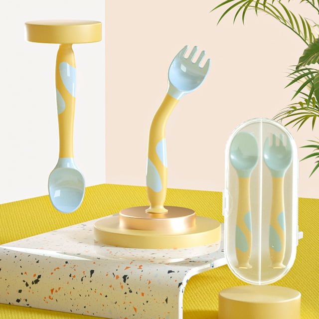 Utensilios para bebés Cucharas Tenedores con estuche seguro de viaje para bebés pequeños Niños Alimentación Cuchara de entrenamiento Fácil agarre Flexible Perfecta autoalimentación Soporte de aprendizaje Cuchara Tenedor Amarillo Sailing Electrónica