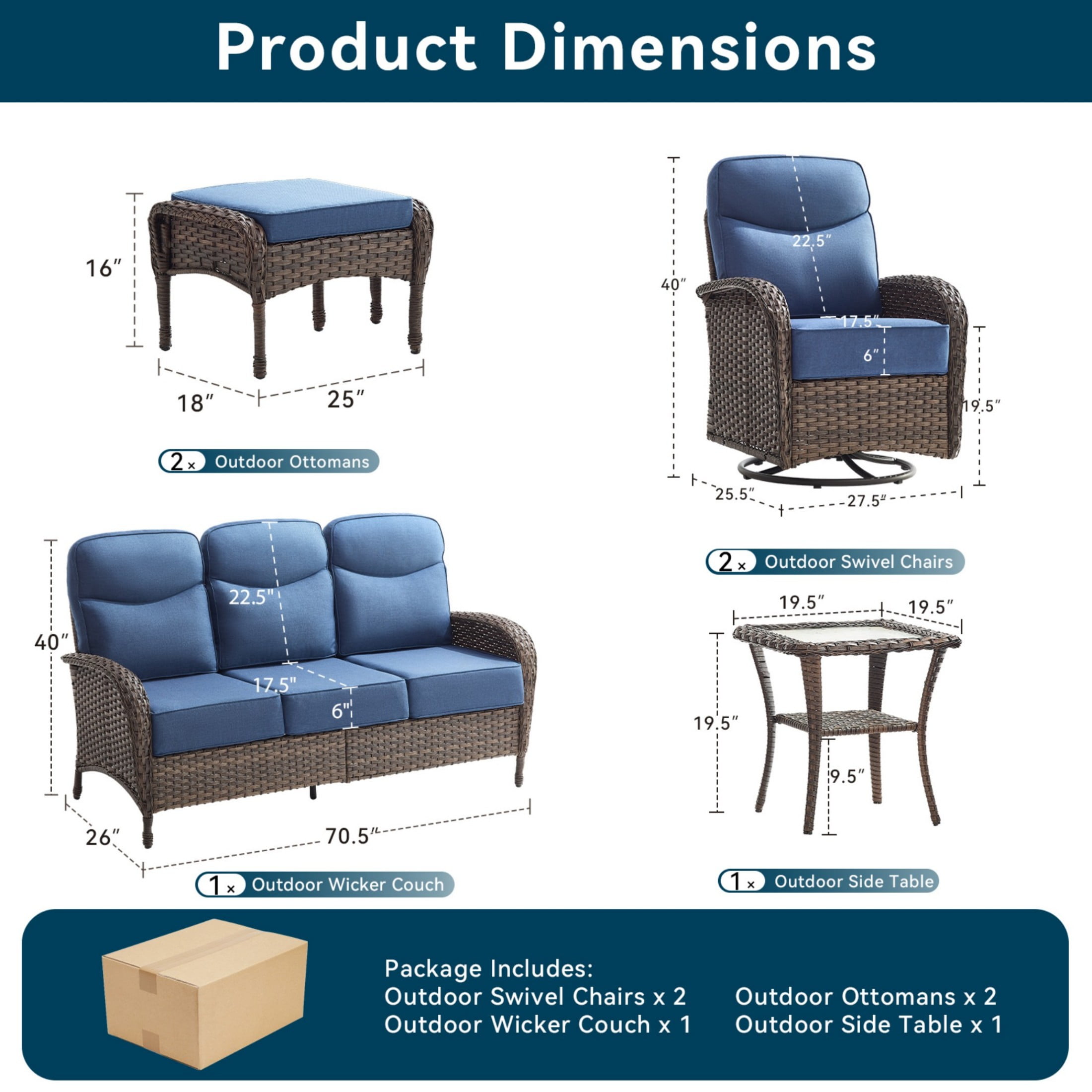 Unnifurnzi 6 Pieces Patio Furniture Set-6'' Thick Cushions Outdoor Furniture with Swivel Rocker Chairs Outdoor Couch and Coffee Table Wicker Patio Furniture for Deck Porch Garden Poolside-Brown/Blue