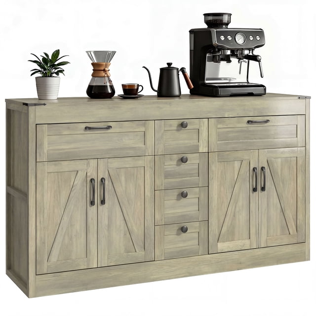 HOMCOM Sideboard Buffet Cabinet, 55" Farmhouse Kitchen Storage Cabinet Grey