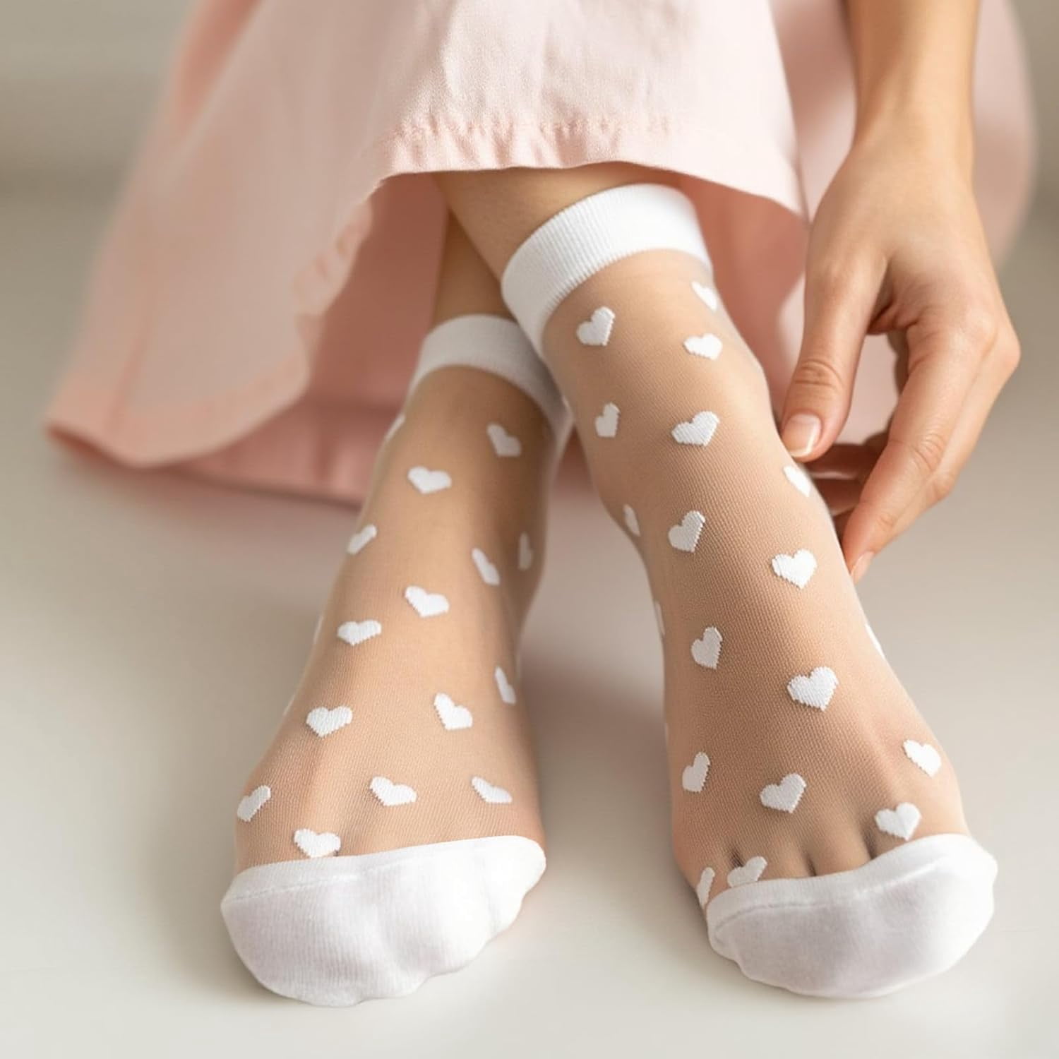 6 Pairs Women Sheer Lace Heart Ankle Socks Mesh Nylon Ruffle Socks with 6 Pairs Self-Adhesive Heel Grips Pads for Loose Shoes