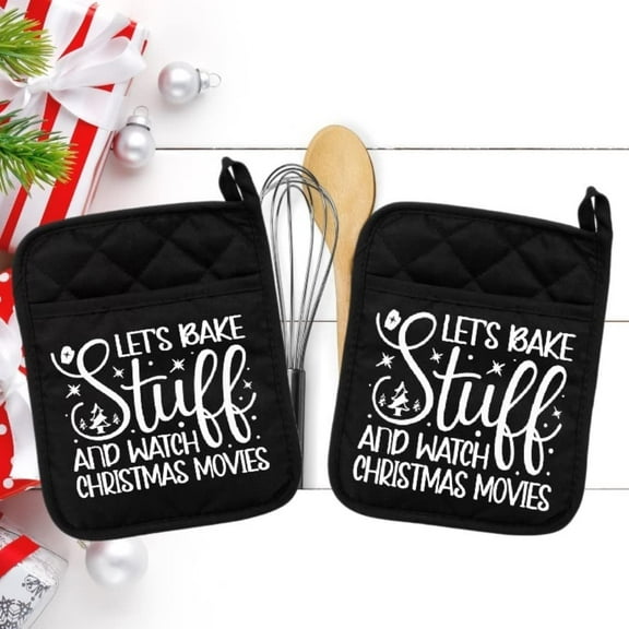 Set of 2 Black - Let's Bake Stuff and Watch Christmas Movies - Pot Holder - Oven Mitt - Hot Pad - Polyester & Neoprene White Elephant - 9" x 7" - NEO029BLKDBL