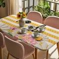 thumbnail image 3 of Spring Bees Daisy Table Cloths for 6 Foot Rectangle Tables, Rustic Tulips Dots Yellow Striped Burlap Patio Waterproof Elastic Fitted Tablecloths, Washable Rectangular Table Cover for Camping, 3 of 8