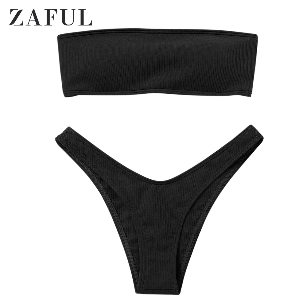 ZAFUL Women's Strapless Ribbed Lace Up High Cut Two Piece Bandeau Bikini Set 