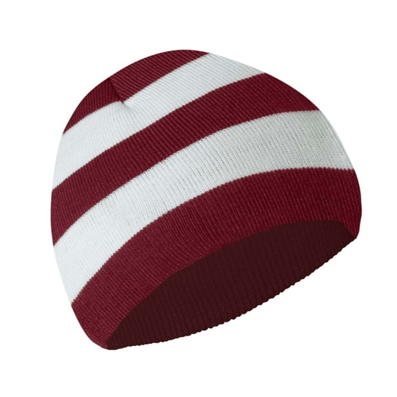 Winter Collegiate Stripe Knit Beanie Football Team Fan Hat for Men & Women (Cardinal/ White)