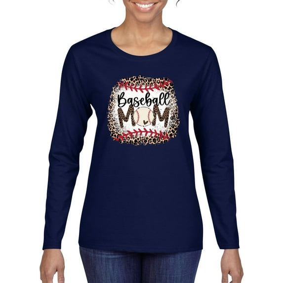 Baseball Mom Jaguar Print Sports Womens Graphic Long Sleeve T-Shirt, Navy, Medium