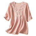 thumbnail image 2 of Conairie 3/4 Sleeve V Neck Shirts For Women Solid Color Loose Trendy Elegant Casual T Shirts Comfy Spring Basic Blouses Vacation Clothes Pink XXL, 2 of 9
