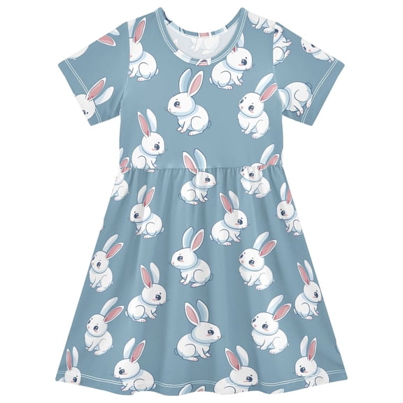 joogoo Cartoon Cute Rabbits Girls' Short Sleeve Dress Kids Dresses 5-6T
