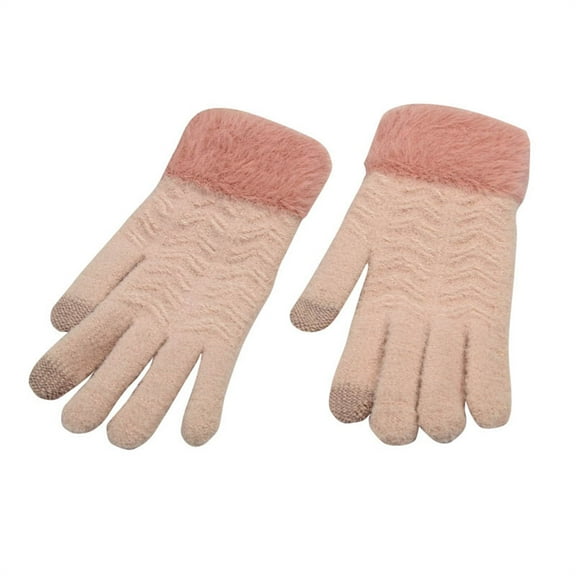 Xfvqtps Fluffy Full Finger Gloves with Furry Cuff Touchscreen Winter Warm Gloves Knit Stretchy Extended Mittens for Women Pink