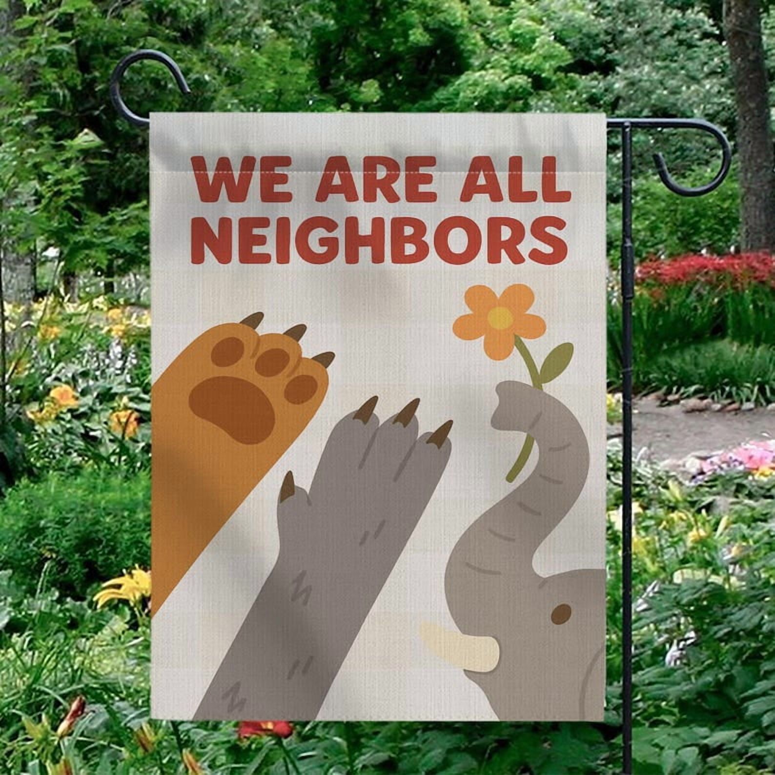TiniDecor Animal Garden Flag – We Are All Neighbors Outdoor Banner, 28” x 40” Paw and Elephant Design