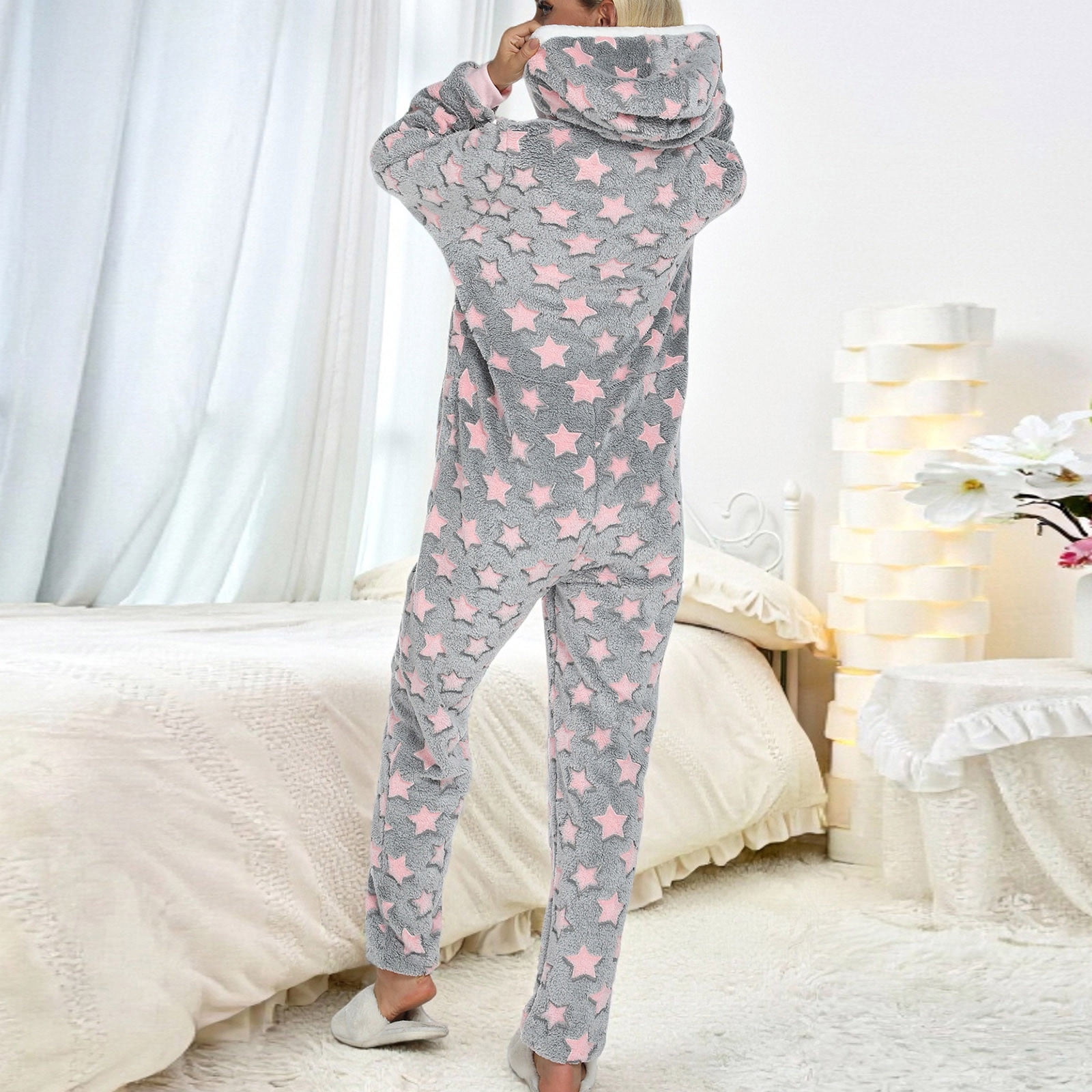 Womens Fleece Onesies Pajamas Jumpsuit Warm Sherpa Romper Sleepwear One Piece Zipper Hooded Star Graphic Loungewear (XL, Gray)